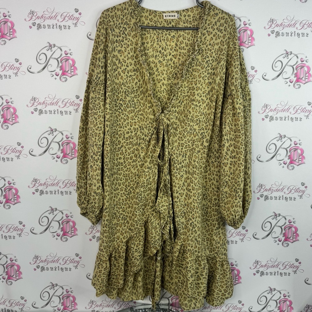 Kimme dress tie up ribbon cheetah Leopard Print Tie-Front Dress ruffle hem